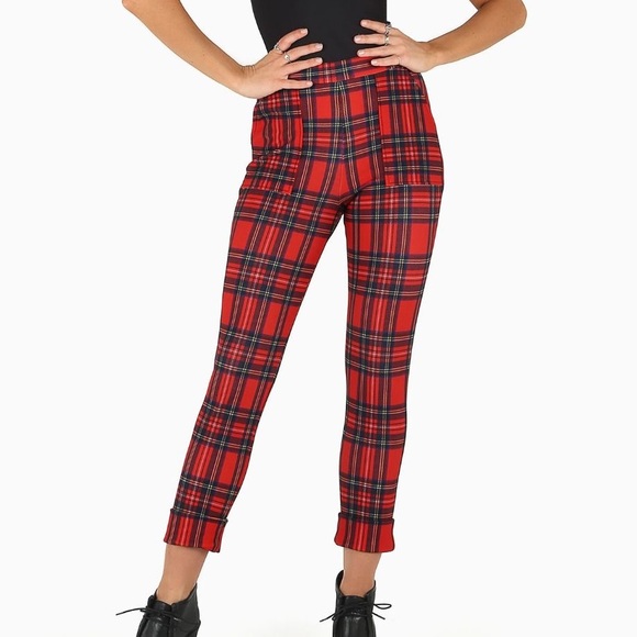 red tartan high waisted trousers